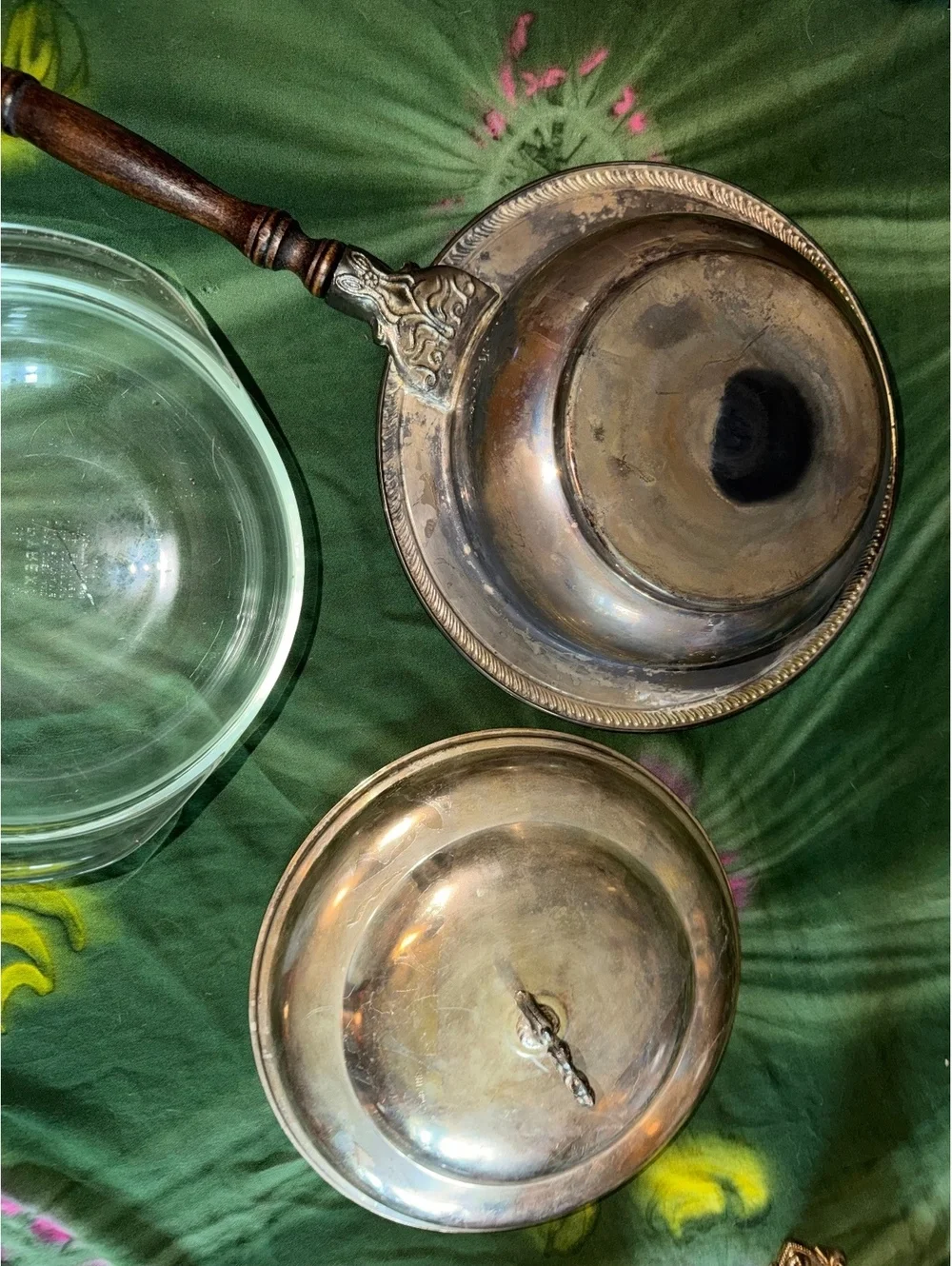 Vintage Silver Serving Pan with Wooden Handle and Lid
